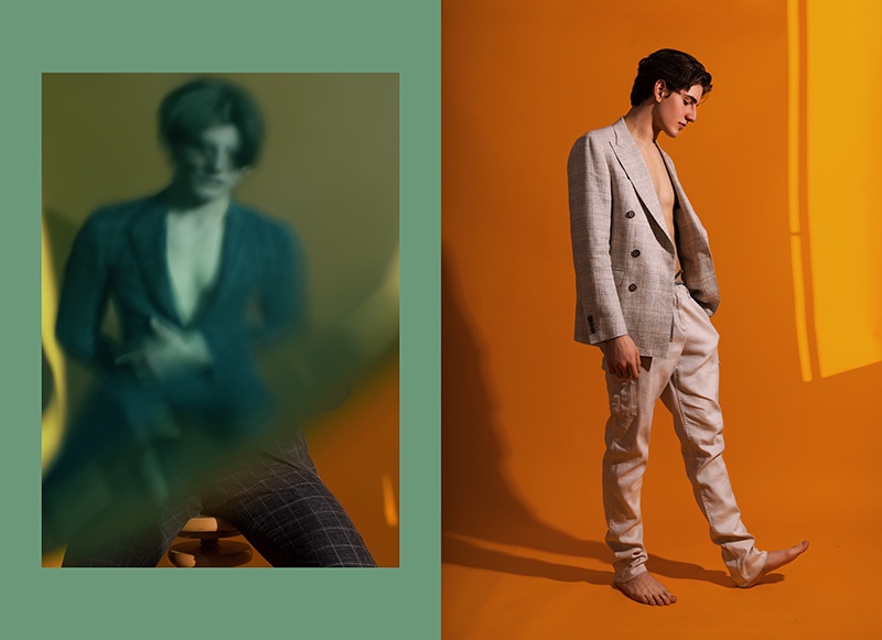 Taking to a colorful studio set, Luca Haas wears sleek looks from Canali's spring-summer 2020 collection.