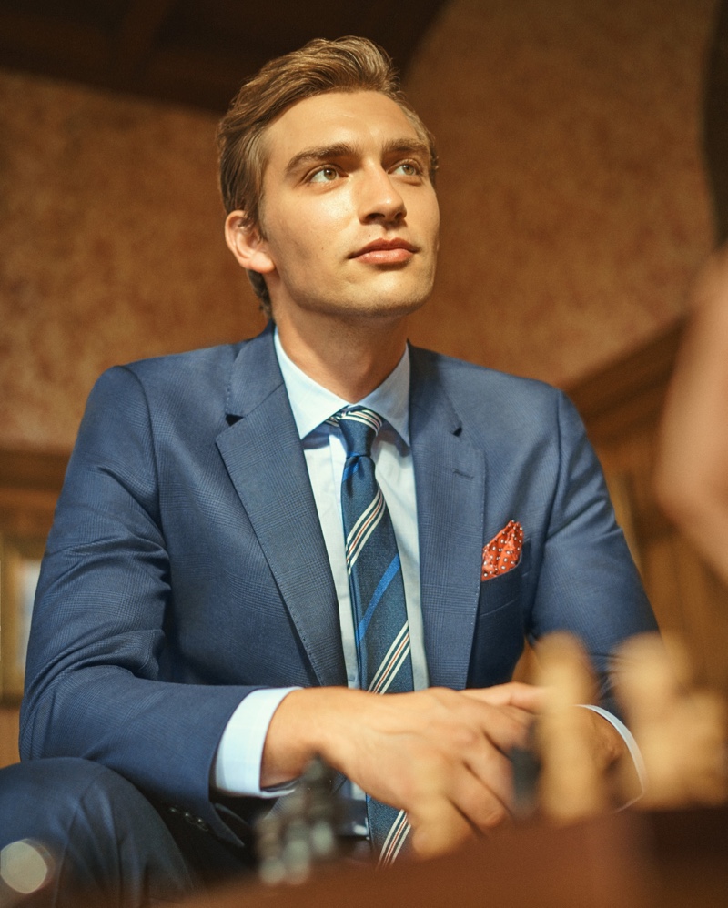 A dapper vision, George Le Page suits up for Hackett London's spring-summer 2020 campaign.