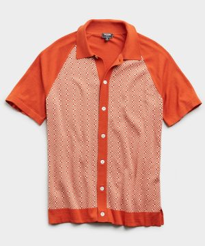 Italian Checkered Full Placket Polo in Orange Italian Checkered Full Placket Polo in Orange