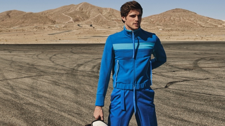Going sporty, Jacob Elordi wears a track jacket and pants by BOSS Hugo Boss for VMAN.