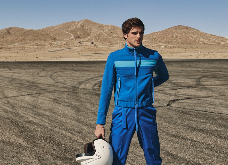 Going sporty, Jacob Elordi wears a track jacket and pants by BOSS Hugo Boss for VMAN.