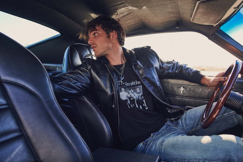 A cool vision, Jacob Elordi gets behind the wheels of a vintage car. The Euphoria star wears a Saint Laurent t-shirt, leather racer jacket, and jeans for VMAN. » Jacob Elordi Covers VMAN, Talks 'Euphoria' & 'Deep Water' A cool vision, Jacob Elordi gets behind the wheels of a vintage car. The Euphoria star wears a Saint Laurent t-shirt, leather racer jacket, and jeans for VMAN.