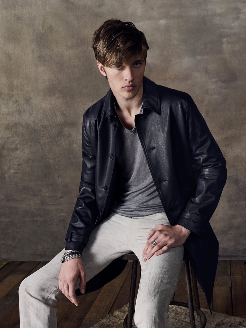 Reuniting with John Varvatos for its spring-summer 2020 campaign, Lucky Blue Smith models a leather jacket.