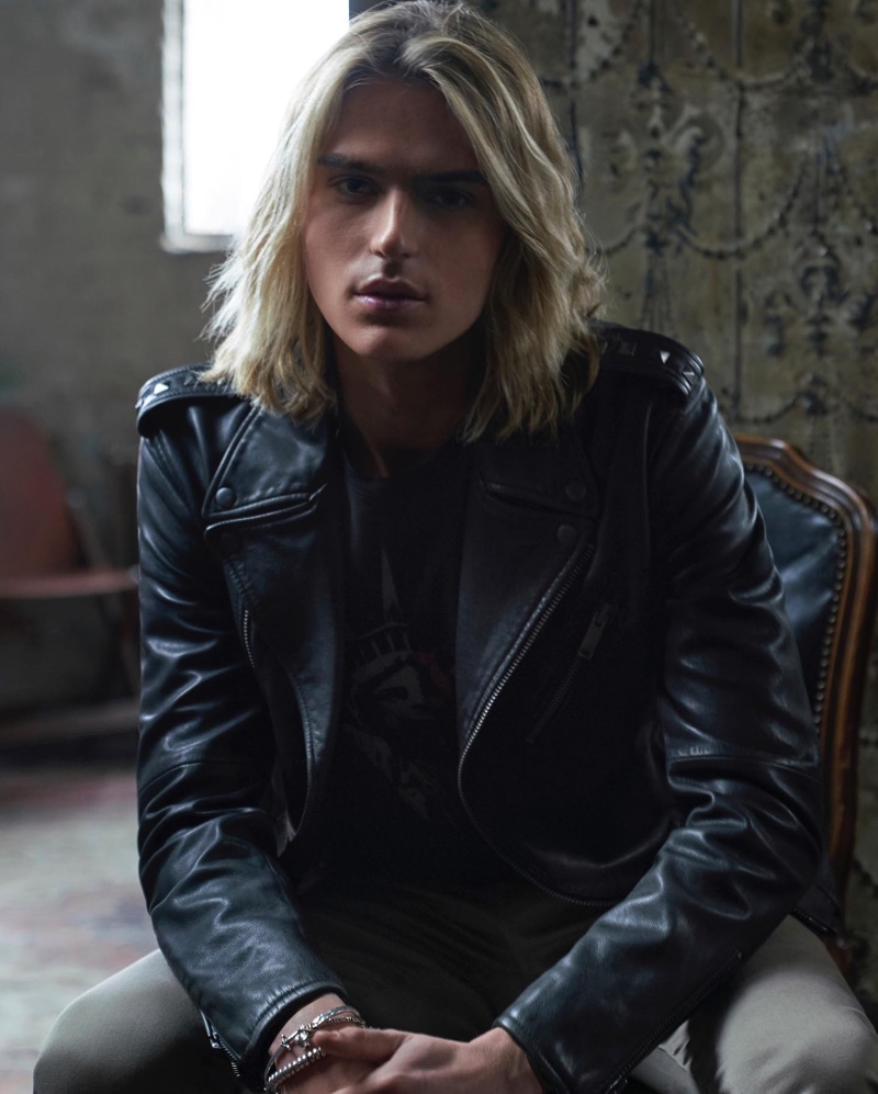 Luke Eisner sports a leather biker jacket for the John Varvatos Star USA spring-summer 2020 campaign.