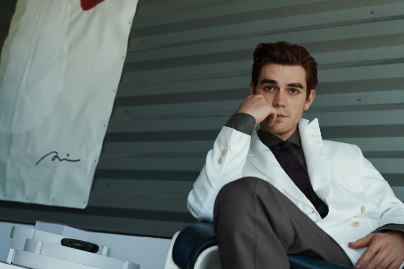 Riverdale star KJ Apa wears a Lardini double-breasted blazer with a Brioni linen shirt and Officine Generale trousers for Mr Porter.