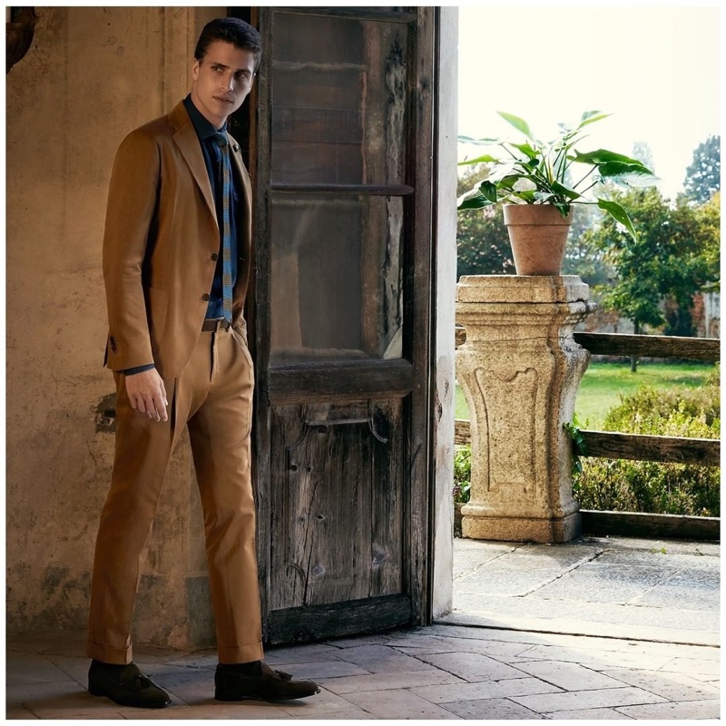 Or Boker dons a tan suit for Lardini's spring-summer 2020 campaign.