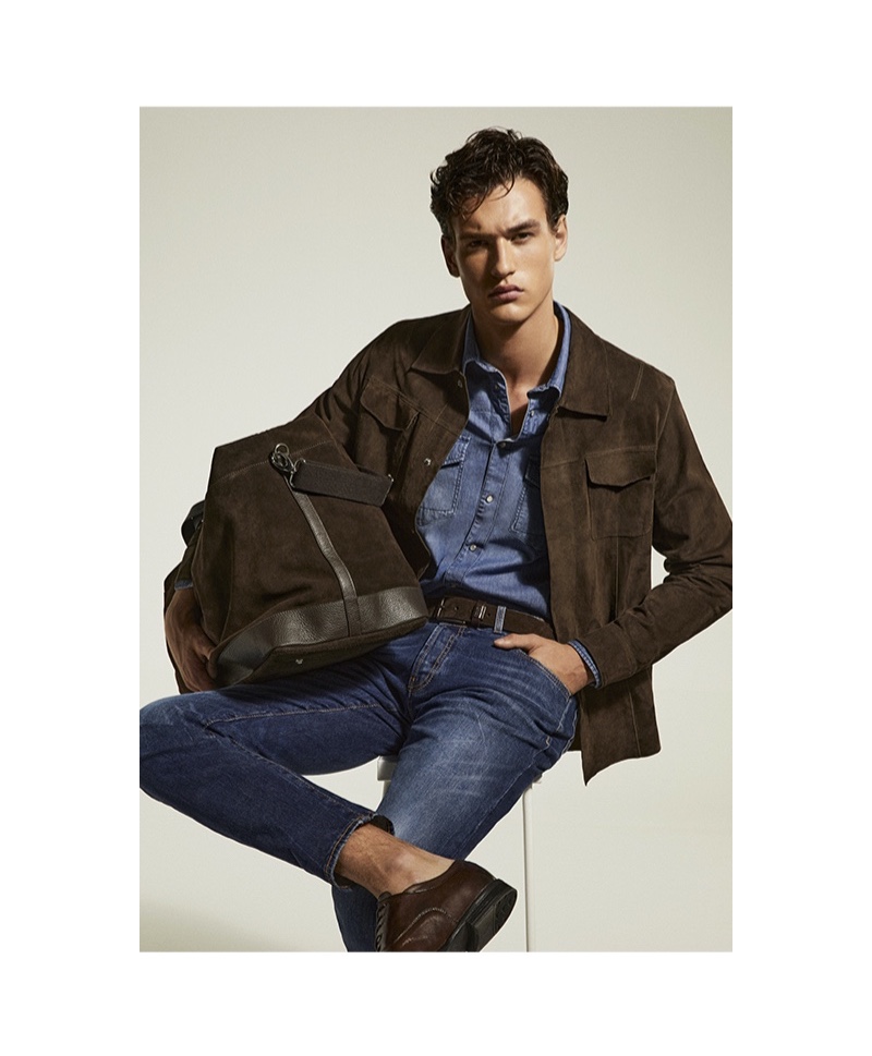 Mixing denim and suede, Jegor Venned dons sleek styles for Liu Jo Uomo's spring-summer 2020 campaign.