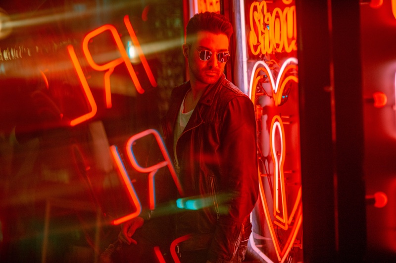Male Model Neon Lights Leather Jacket Sunglasses Male Model Neon Lights Leather Jacket Sunglasses