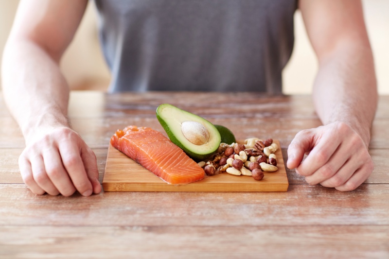 Man Salmon Fish Avocado Nuts Healthy Food