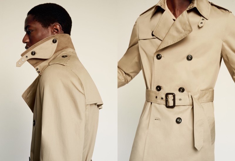 Embracing a menswear classic, Hamid Onifade models a trench coat from Mango.