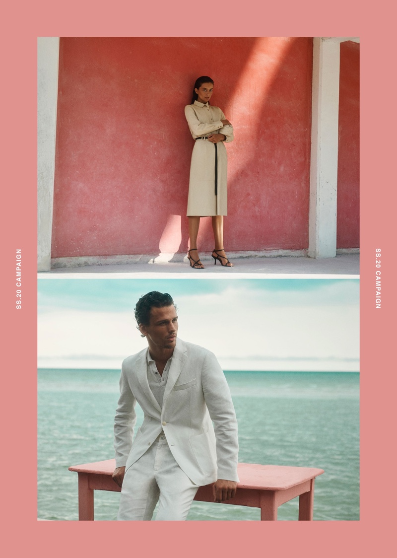 Making a case for summer neutrals, Andreea Diaconu and Simon Nessman appear in Massimo Dutti's spring-summer 2020 campaign.
