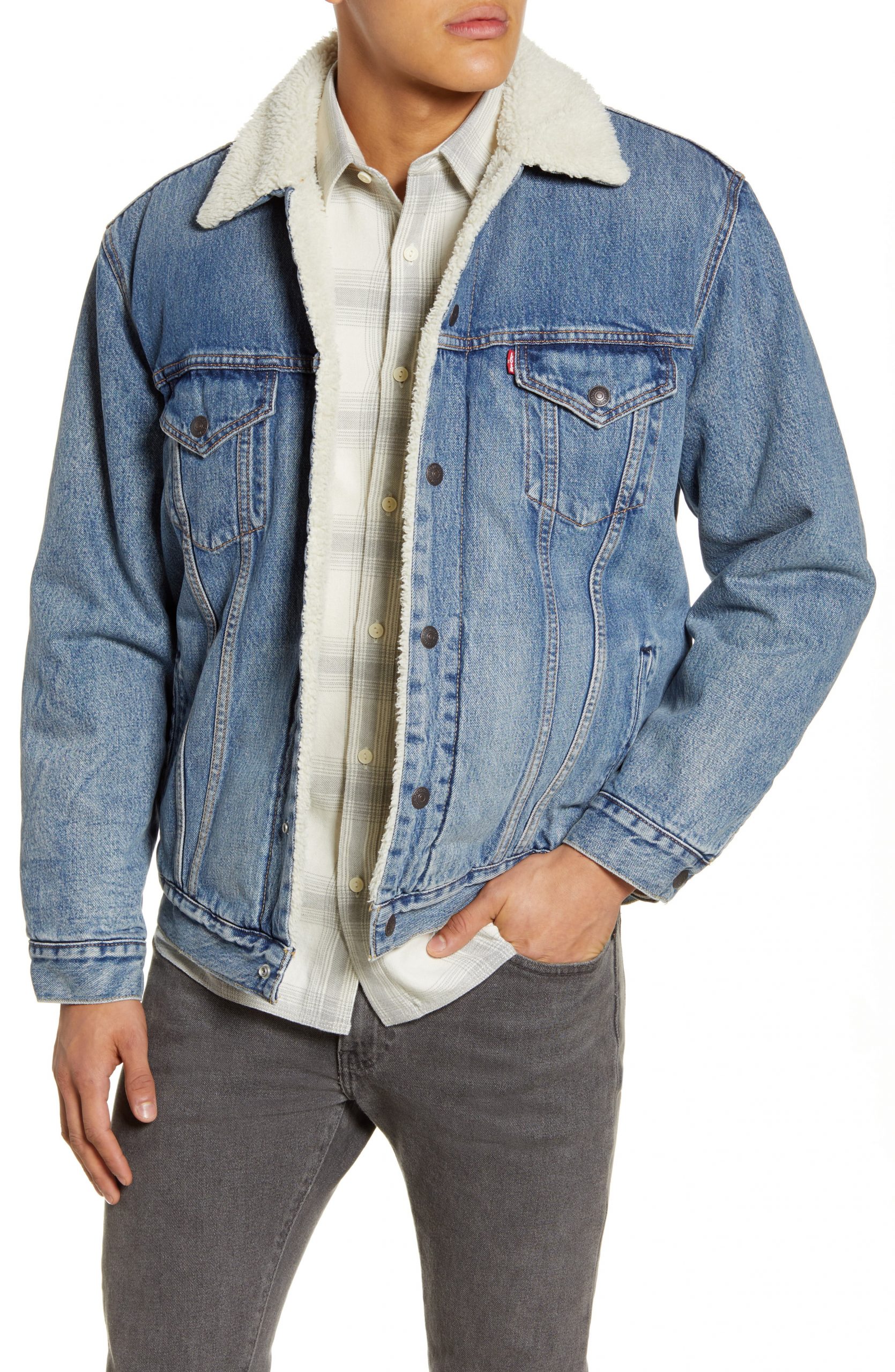 men shearling lined denim jacket 