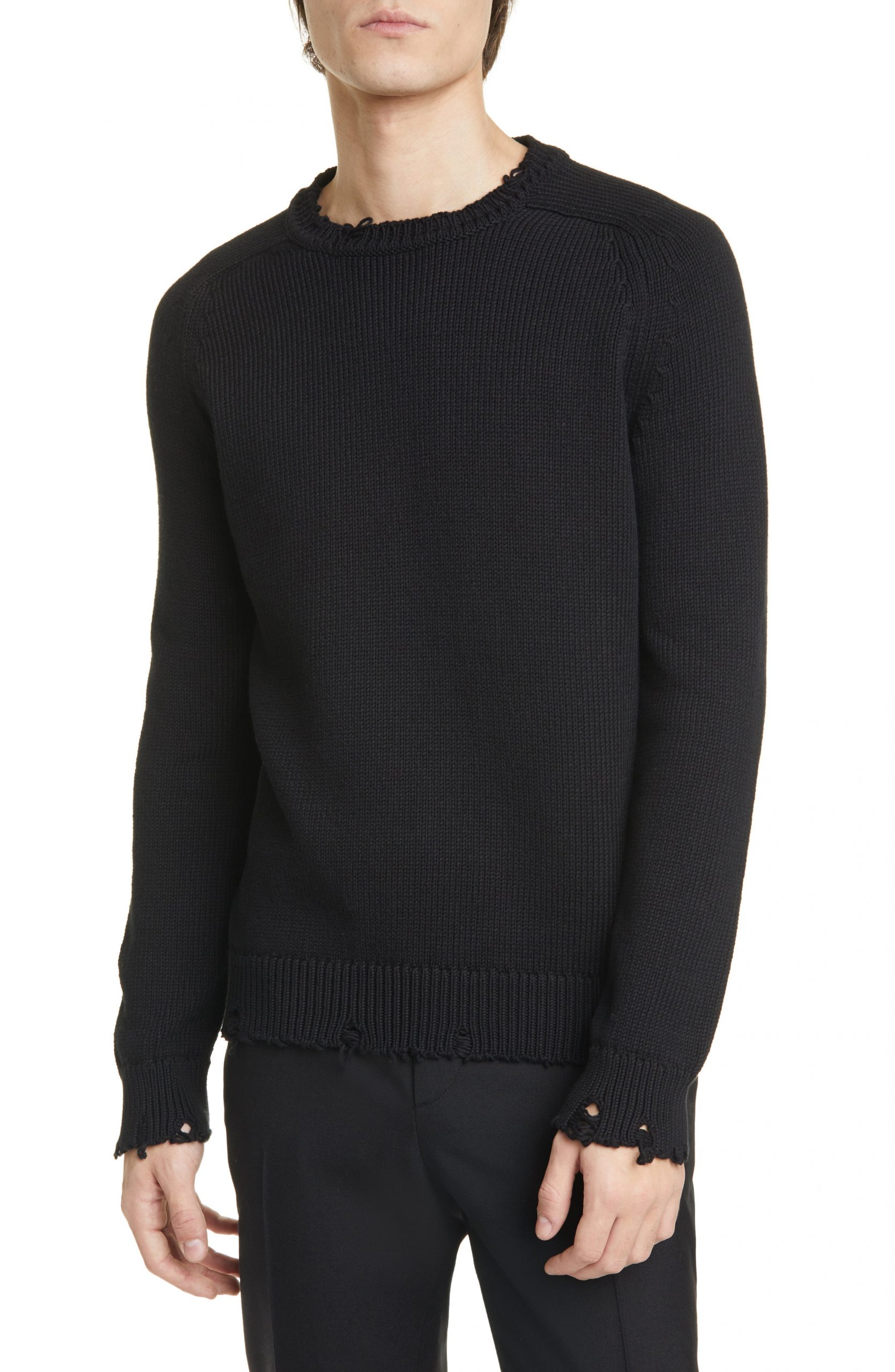 Men’s Saint Laurent Distressed Crewneck Sweater, Size Small - Black ...