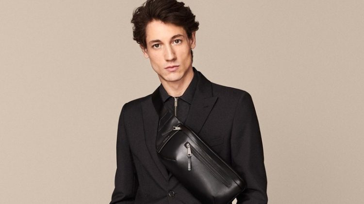 Front and center, Nicolas Ripoll models a technical belt bag for Furla's spring-summer 2020 campaign.