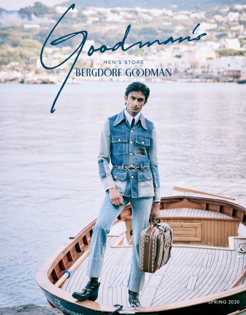 Rishi Robin sports a denim look from Gucci for Bergdorf Goodman's spring 2020 Goodman's Guide.