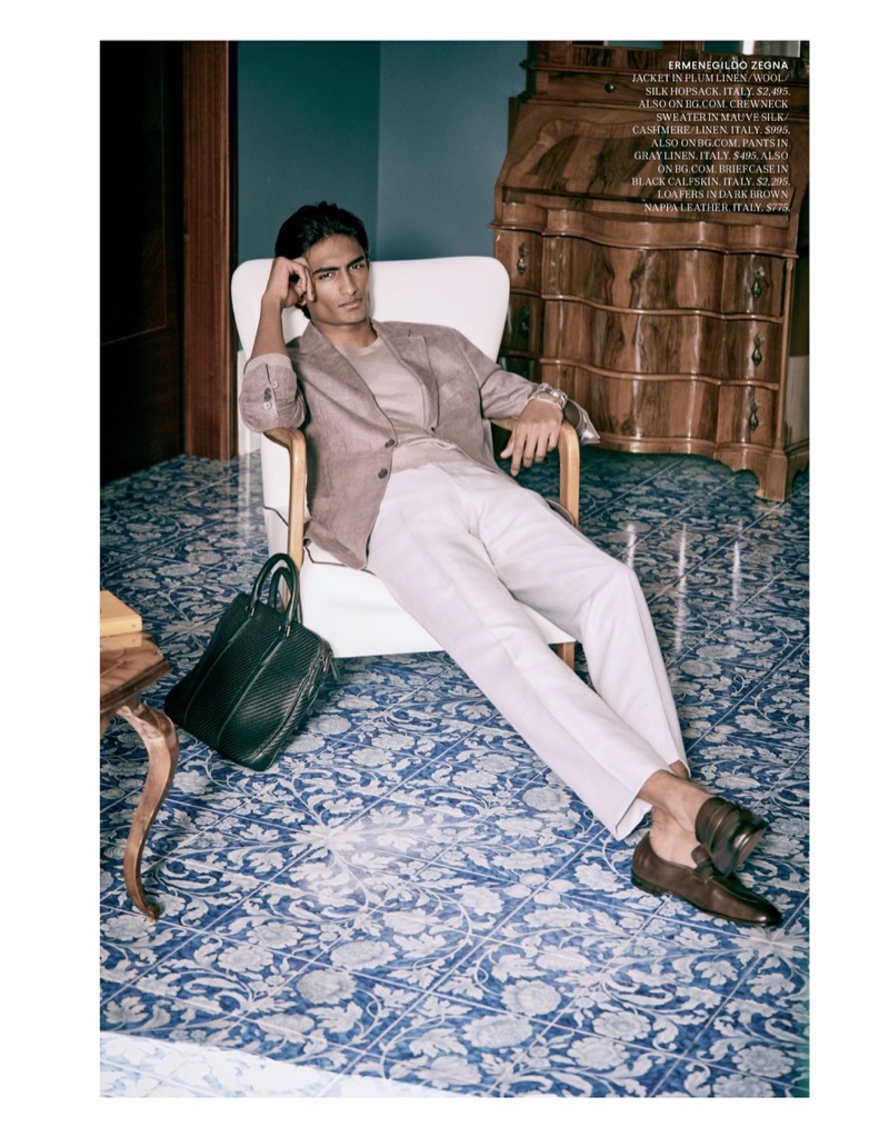 A chic vision, Rishi Robin wears a designer look from Ermenegildo Zegna for Bergdorf Goodman.