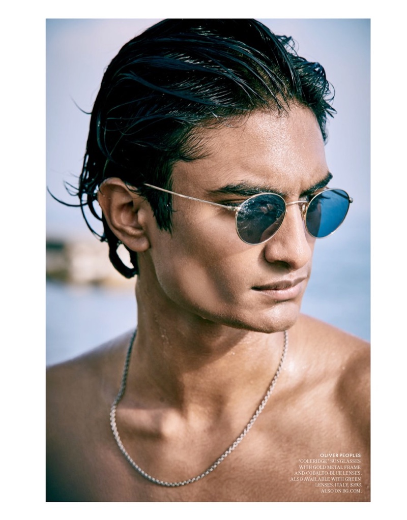 Enjoying a vacation getaway, Rishi Robin rocks sunglasses from Oliver Peoples for Bergdorf Goodman.