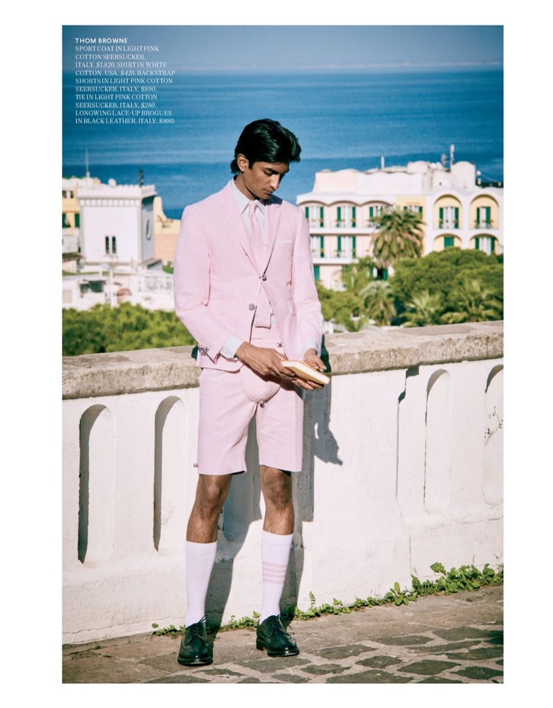 Making a case for pink, Rishi Robin wears a spring look from Thom Browne for Bergdorf Goodman.