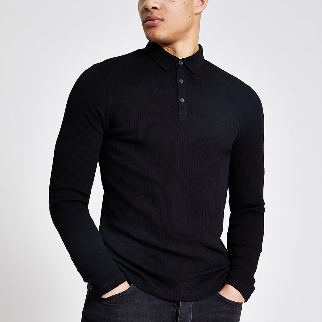 River Island Mens Black long sleeve muscle fit rib polo shirt | The ...