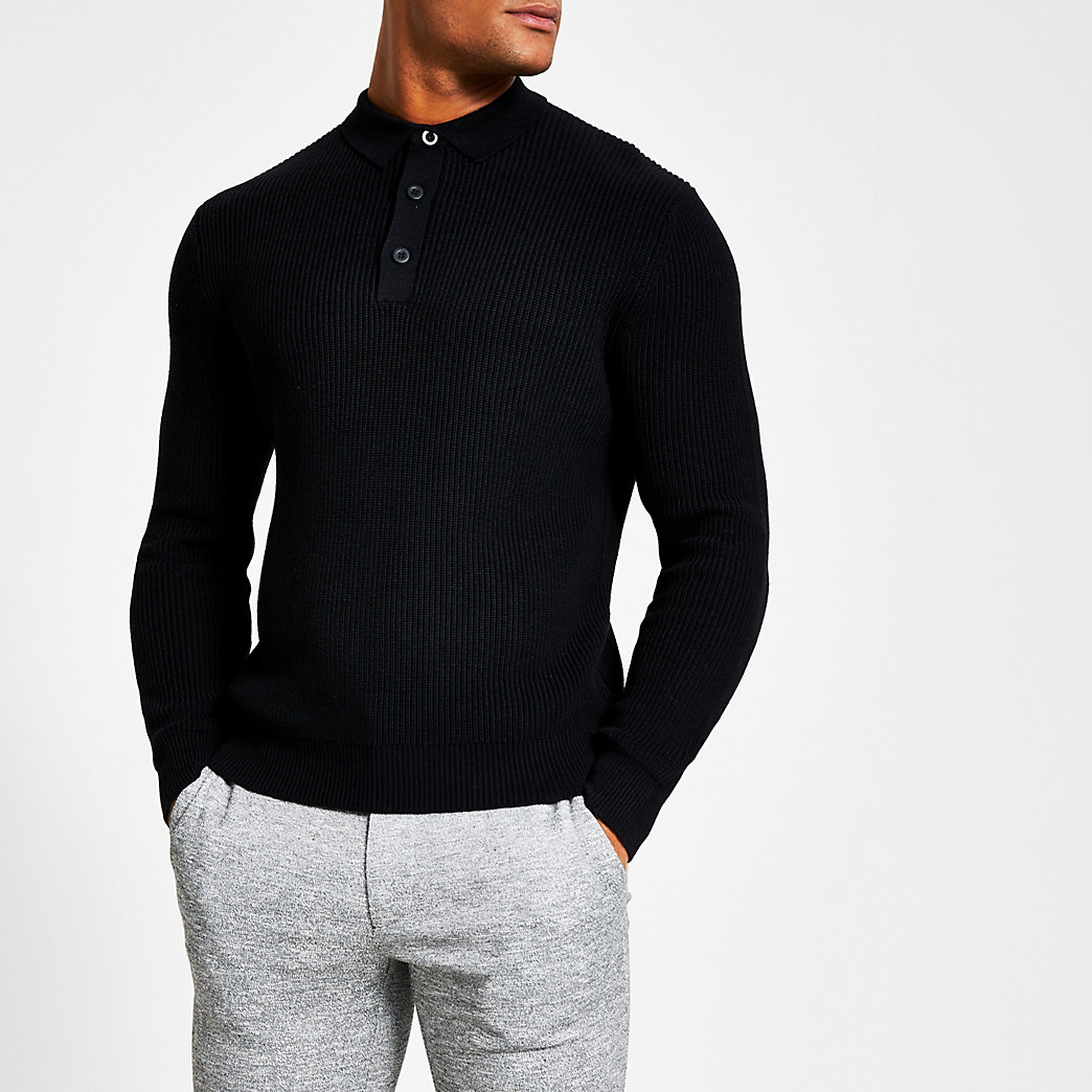 River Island Mens Black long sleeve slim fit knit polo shirt
