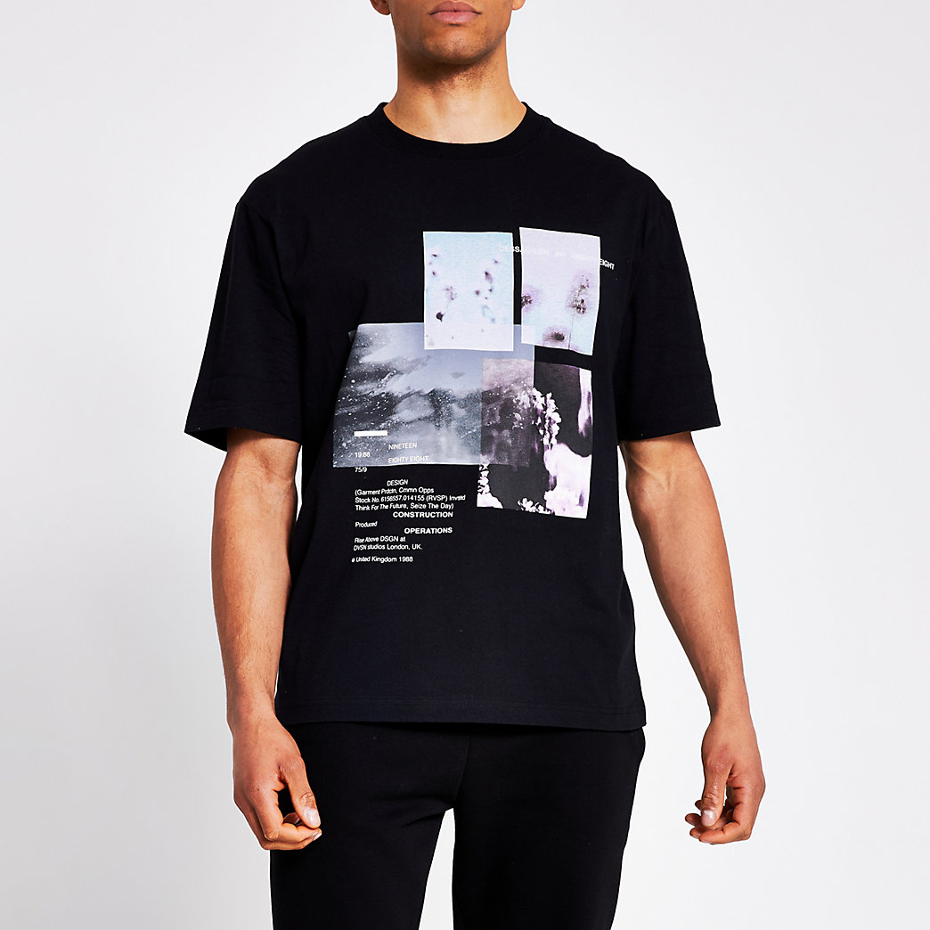 River Island Mens Black photographic print boxy fit T-shirt | The ...