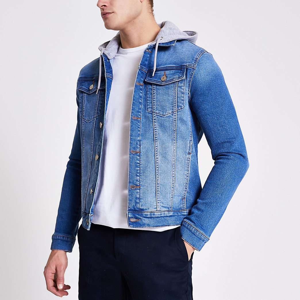 River Island Mens Blue muscle fit hooded denim jacket | The Fashionisto