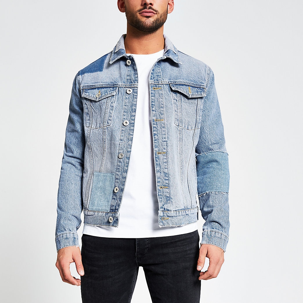 River Island Mens Blue patchwork classic fit denim jacket | The Fashionisto