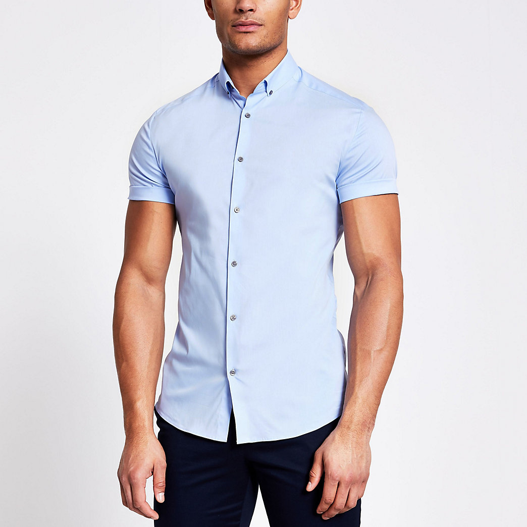 River Island Mens Blue short sleeve muscle fit shirt | The Fashionisto