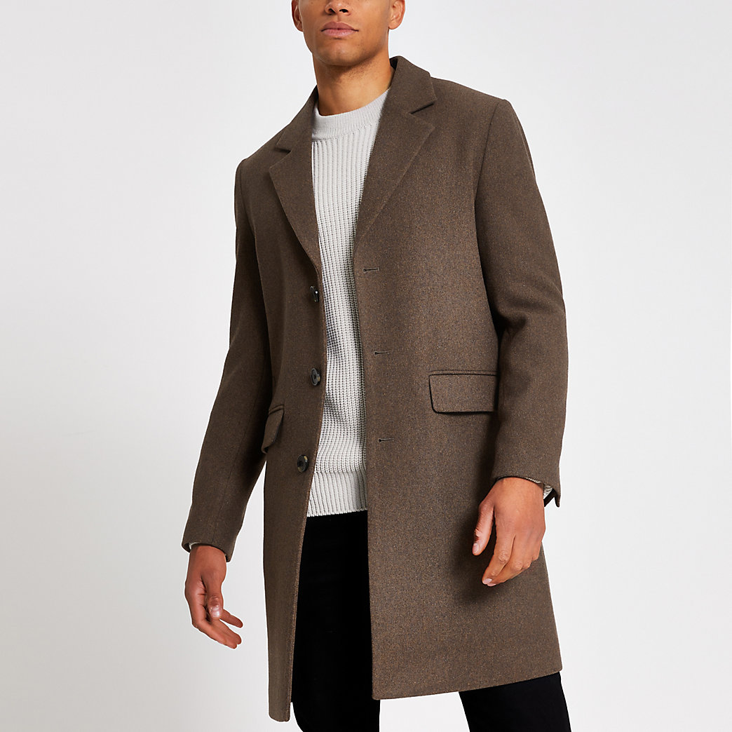 River Island Mens Brown single breasted overcoat | The Fashionisto