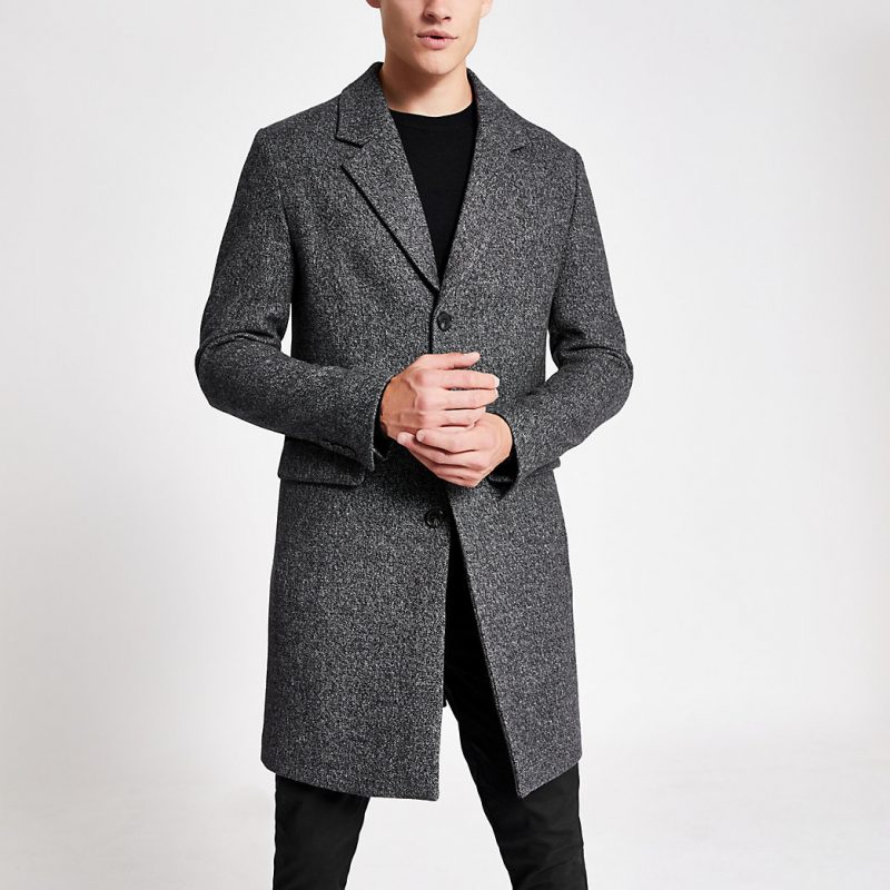 River Island Mens Charcoal grey single breasted wool overcoat The
