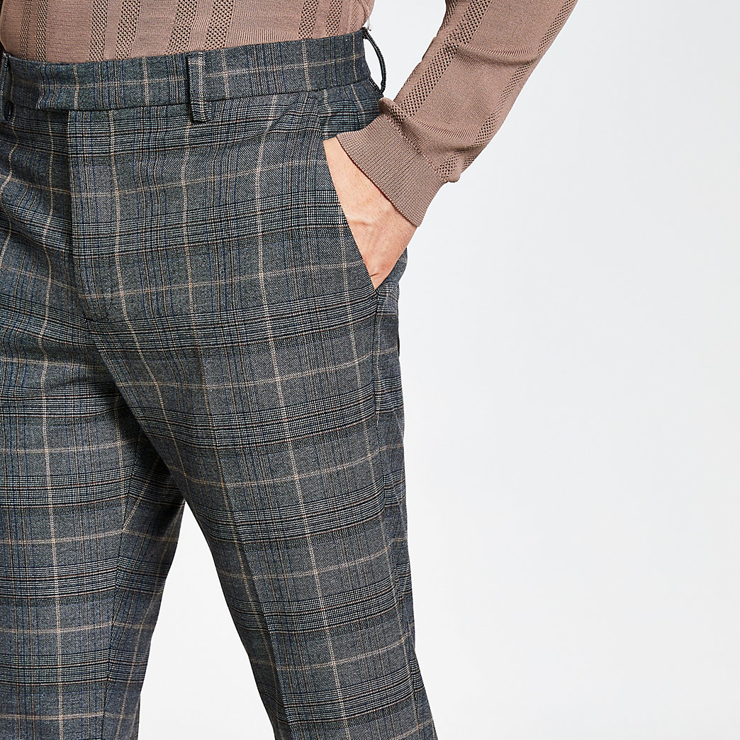 River Island Mens Dark grey check slim fit trousers | The Fashionisto