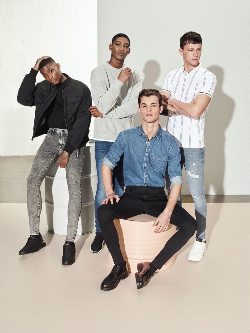 River Island enlists Karl Rawlings, Timothy Lewis, Kit Butler, and Jack Buchanan to star in its spring-summer 2020 denim campaign.