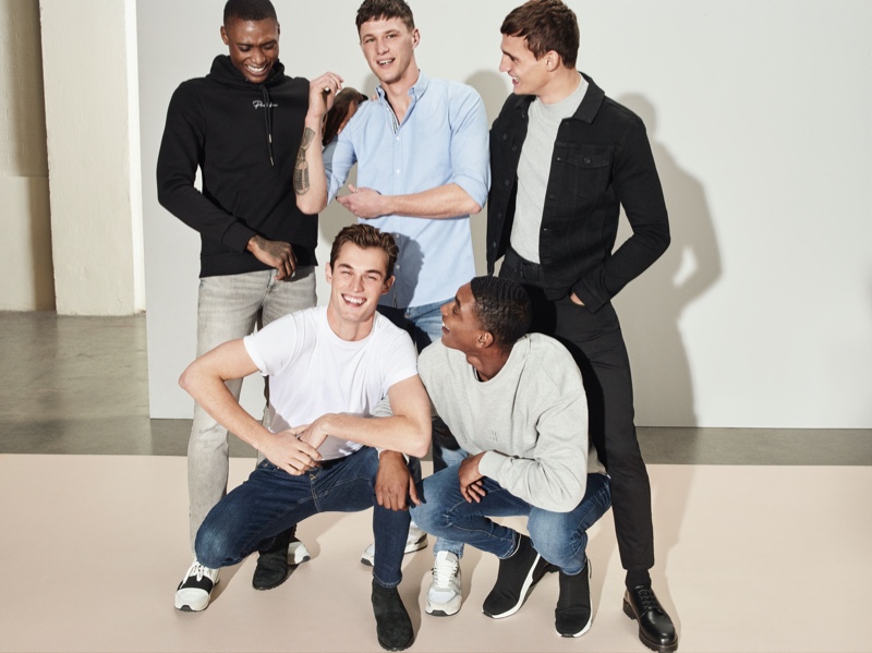 Sporting River Island's latest denim styles, Karl Rawlings, Kit Butler, Jack Buchanan, Julian Schneyder, and Timothy Lewis connect with the brand for its spring-summer 2020 campaign. 