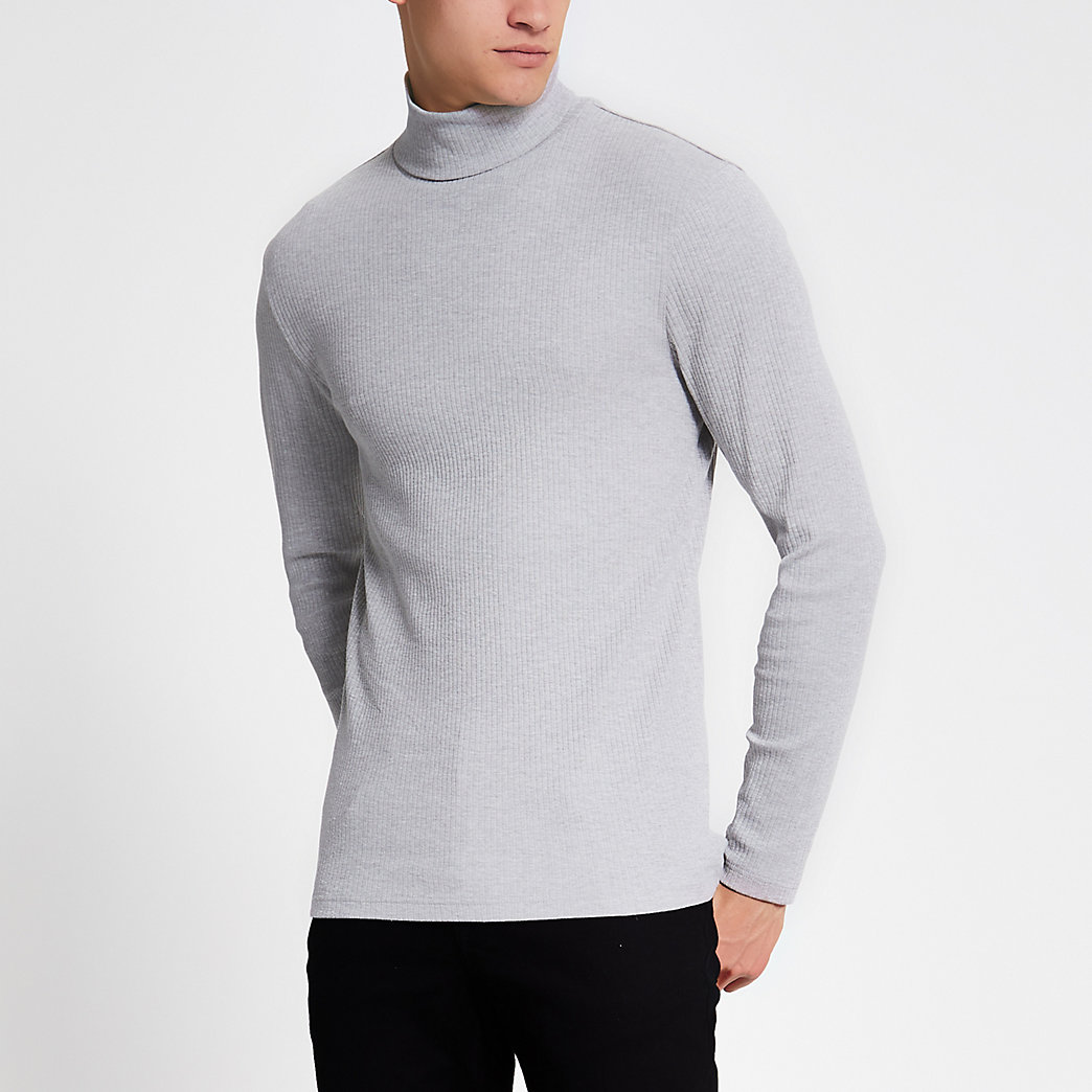 River Island Mens Grey roll neck long sleeve slim fit T-shirt | The ...