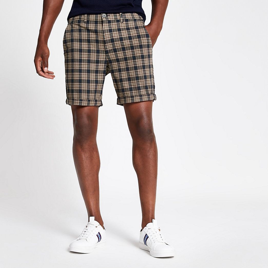 River Island Mens Navy check print skinny fit shorts The Fashionisto