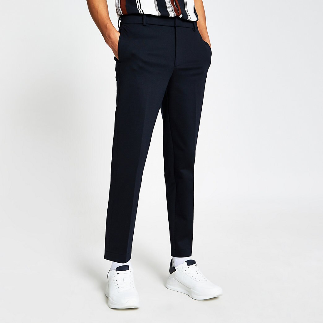 mens navy tapered trousers