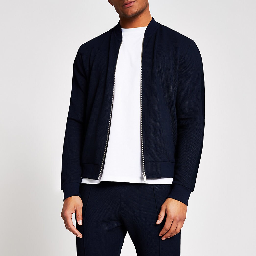 River Island Mens Navy textured slim fit bomber jacket | The Fashionisto