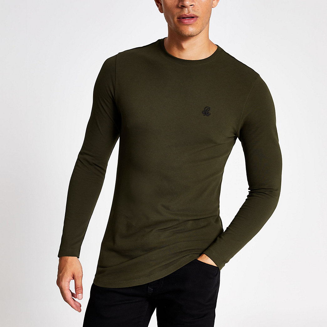 River Island Mens R96 dark green long sleeve T-shirt | The Fashionisto