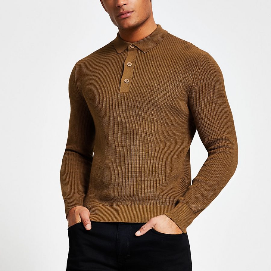 River Island Mens Rust long sleeve slim fit knitted polo shirt | The