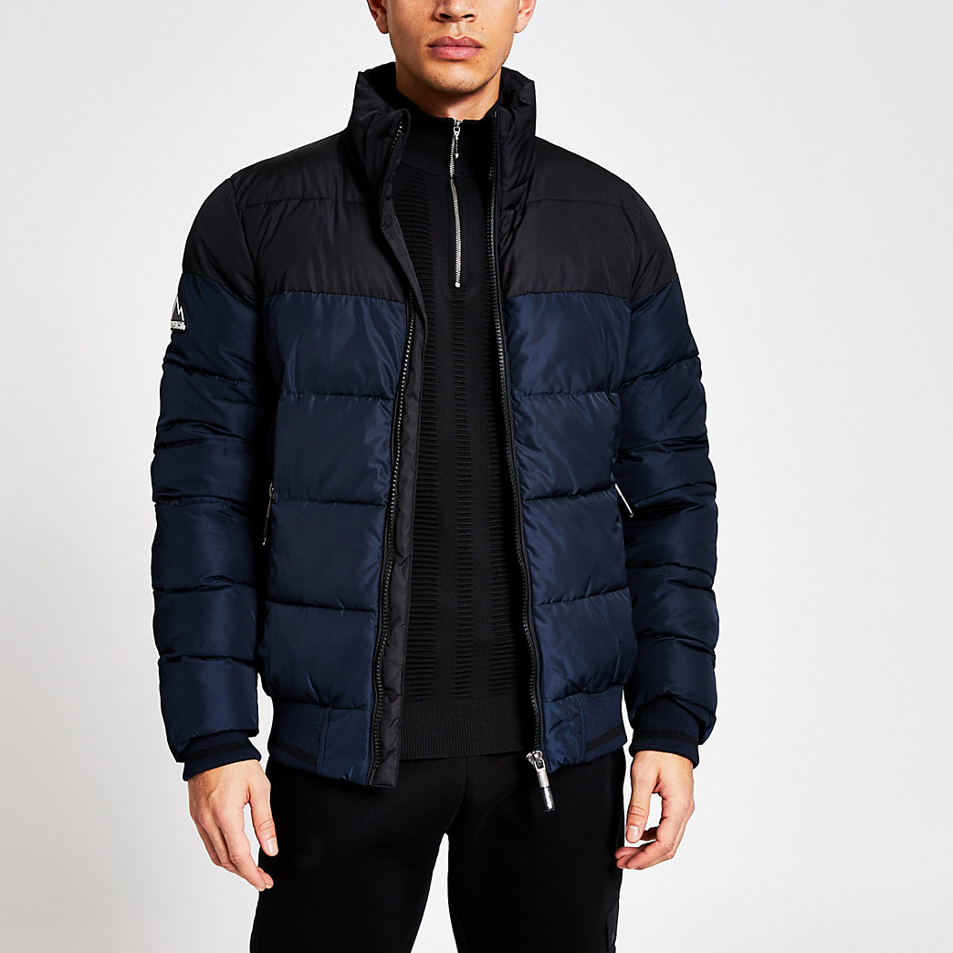 River Island Mens Superdry navy block zip front puffer jacket | The ...