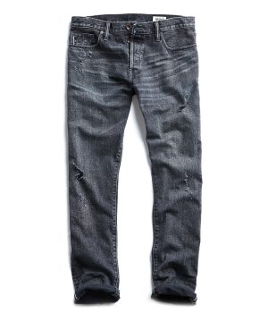 Slim Fit Destroyed Japanese Stretch Selvedge Denim in Black Slim Fit Destroyed Japanese Stretch Selvedge Denim in Black