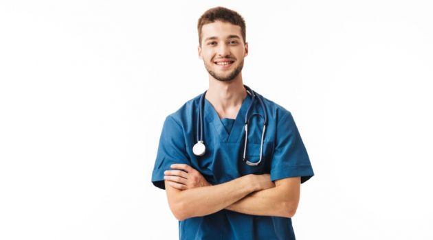 3 Different Types of Medical Scrubs Smiling Male Nurse Blue Scrubs Stethoscope