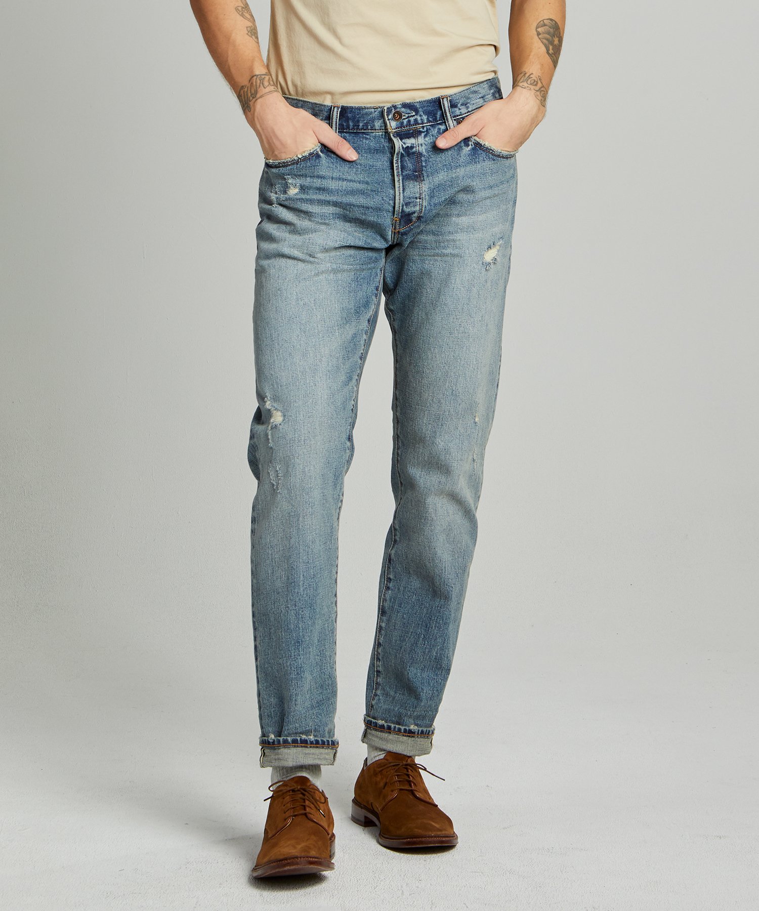 Straight Fit Japanese Stretch Selvedge Jean in Destroyed Medium Indigo ...