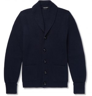 TOM FORD - Shawl-Collar Ribbed Wool Cardigan - Men - Blue TOM FORD - Shawl-Collar Ribbed Wool Cardigan - Men - Blue