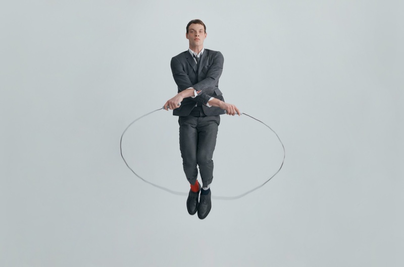 Rocky Harwood jump ropes in a sharp gray suit from the Thom Browne x Nordstrom Concepts 009 collection. » Thom Browne Hits the Locker Room with New Nordstrom Concept Rocky Harwood jump ropes in a sharp gray suit from the Thom Browne x Nordstrom Concepts 009 collection.