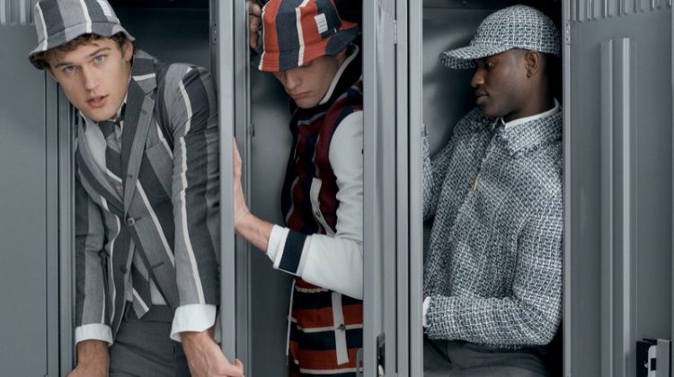 Stuffed into lockers, models Conor Fay, Rocky Harwood, and Charles Oduro don looks from the Thom Browne x Nordstrom Concept 009 collection.