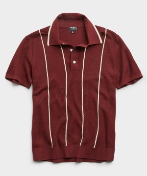 Tipped Wide Stripe Mesh Polo Sweater in Burgundy Tipped Wide Stripe Mesh Polo Sweater in Burgundy