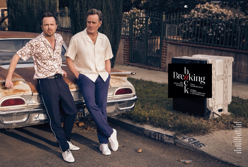 Aaron Paul and Bryan Cranston star in a feature for Esquire México. Paul dons a SSS World Corp shirt with Todd Snyder pants and Dolce & Gabbana shoes. Cranston sports a Dolce & Gabbana shirt with Mango pants and Superga sneakers.