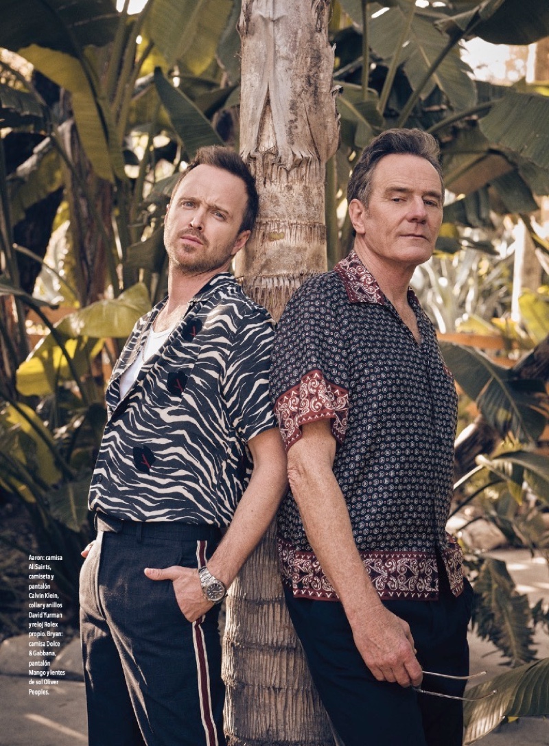 Charlie Gray photographs Aaron Paul and Bryan Cranston for Esquire México. Pictured left, Paul dons an AllSaints shirt with Calvin Klein pants and a Rolex watch. Meanwhile, Cranston wears a Dolce & Gabbana shirt with Mango pants.