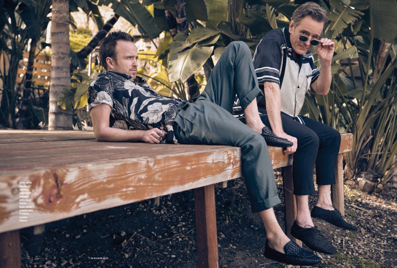 Breaking Bad co-stars reunite for the pages of Esquire México. Reclining, Paul sports an AllSaints shirt with pants and shoes from Dolce & Gabbana. Cranston dons a Dolce & Gabbana shirt and shoes with AllSaints pants.